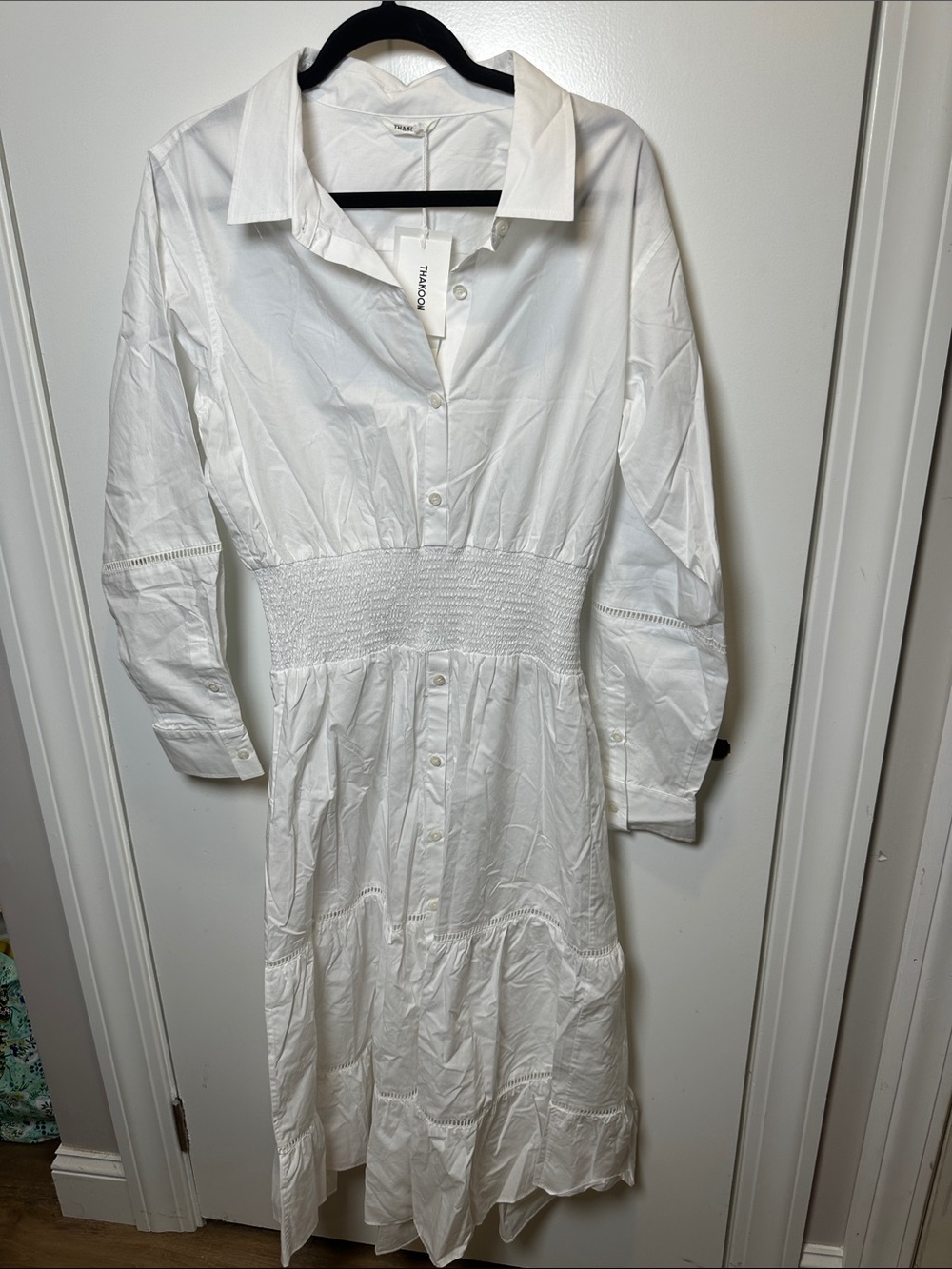 Thakoon White Long Sleeve Smocked-Waist Shirt Dress (26)